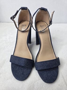 Brash Navy Denim Block Heel Ankle-Strap Sandals